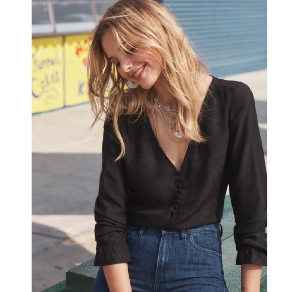 Sezane Carmelina Black Silk Jacquard Blouse